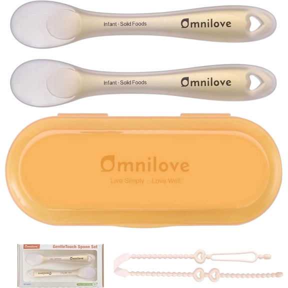 Omnilove Silicone Baby Spoons 2-Pack with Case, Self Feeding 6 Months, Baby Led Weaning Supplies, Toddler Utensils with Safety Chain