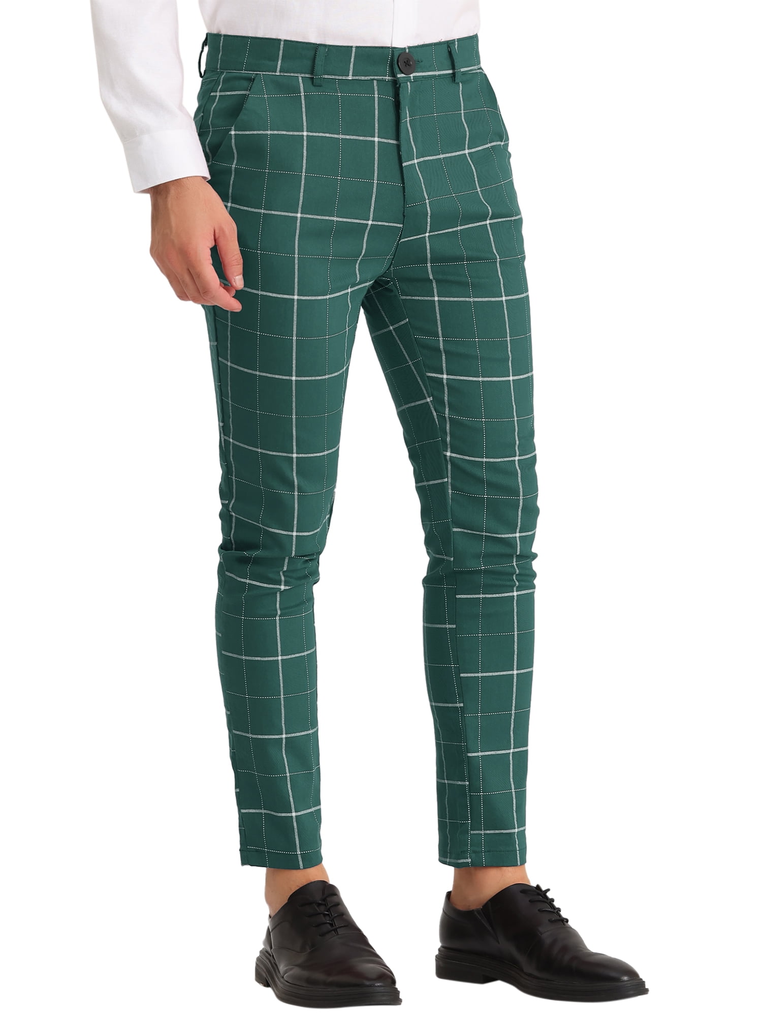 Unique Bargains Men's Plaid Slim Fit Flat Front Business Checked Trousers 38 Green