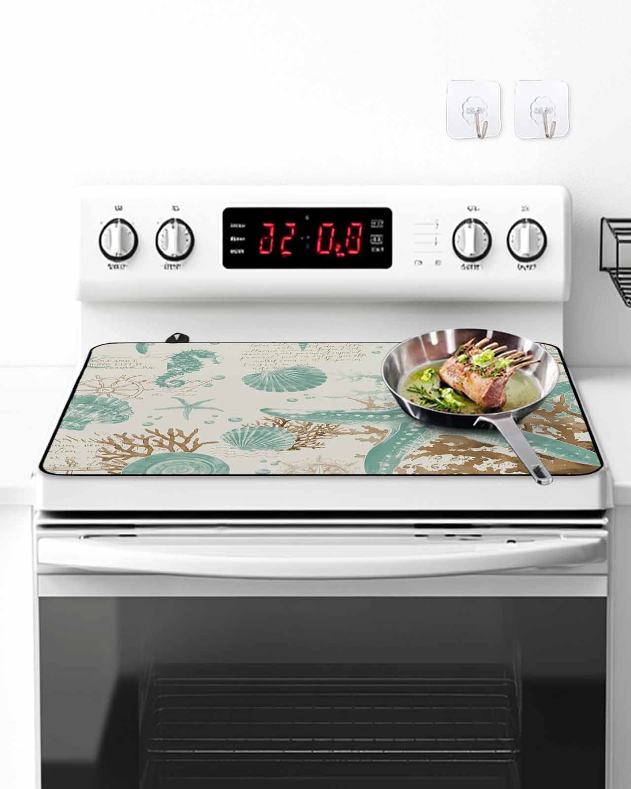 Stove Top Covers for Electric Stove, Aqua Coastal Starfish Glass Stovetop Cover Protector, Farmhouse Nautical Seahorse Coral Induction Cooktop Protector Oven Mat for Kitchen Countertop 36"x21"