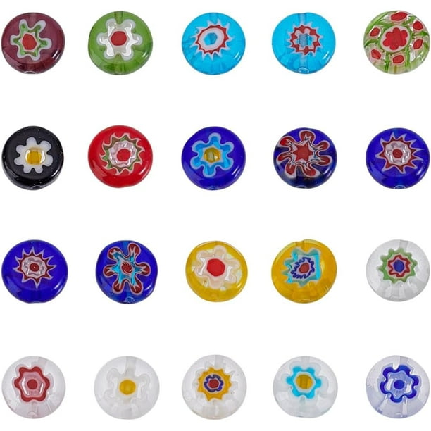 100 cuentas de vidrio redondas y planas con forma de flor de 10 mm, cuentas esmaltadas de flores de colores, cuentas sueltas de vidrio Millefiori Lampwork.