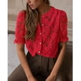 thumbnail image 6 of PRETTYGARDEN Womens Summer Lace Tops Short Puff Sleeve Casual Dressy Blouses Eyelet Crew Neck Buttom Down Shirts, 6 of 7