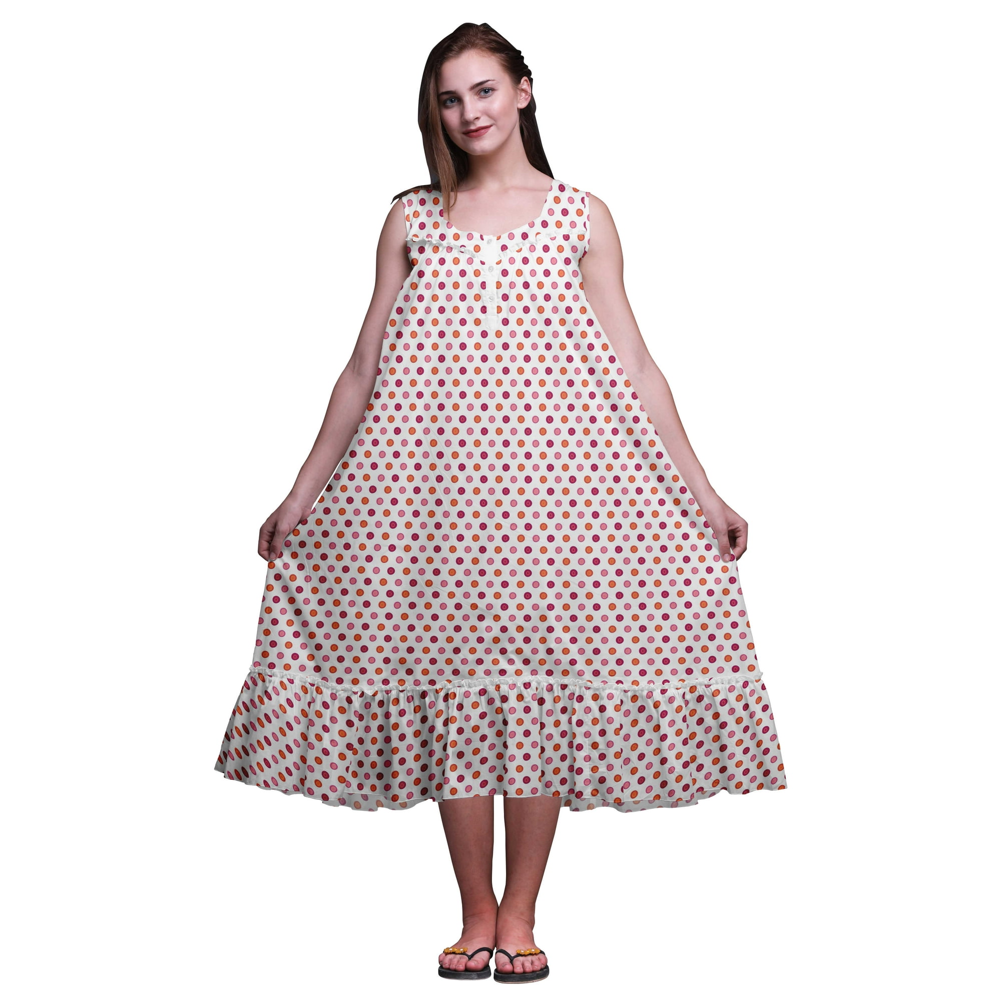 Bimba White3 Dots Colorful Cotton Nightgowns For Women Mid-Calf Printed Sleepwear Night Dress Medium