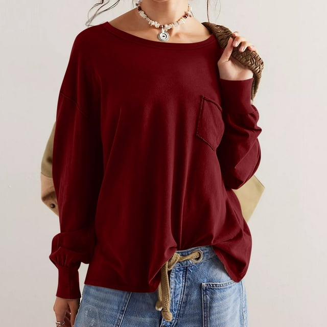 DPTALR Blouses à Manches Longues et Col Rond pour Femmes, Coupe Ample, avec Poche