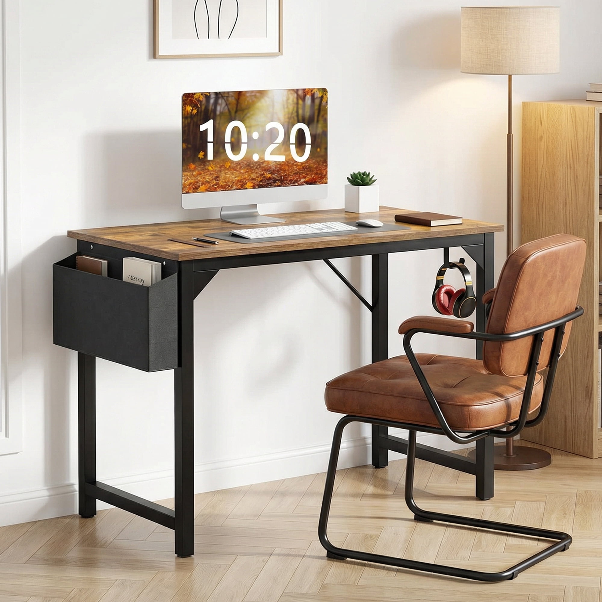 MAYEERTY Office Computer Desk, Fabric Storage Bag, Sturdy Steel Frame & Wooden Tabletop