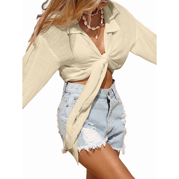 Women'S Swimwear Cover Ups Tops Tunic Self-Tie Swimsuit Long Sleeve Soft Beach Shirt for Women M