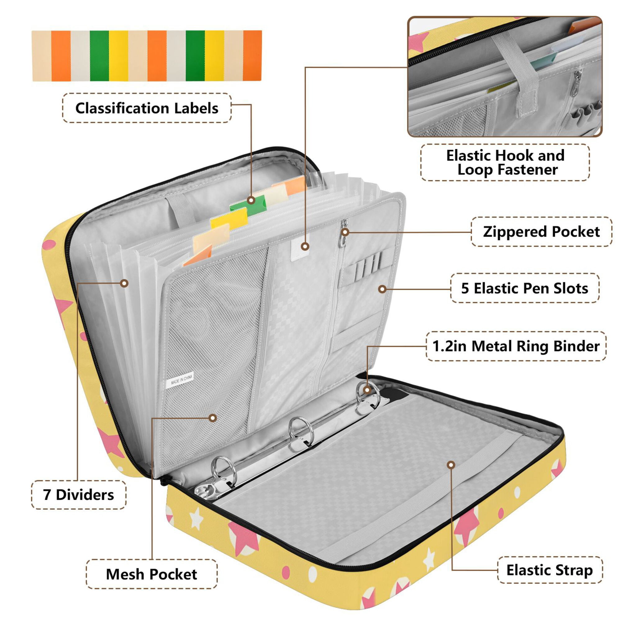 FORMRS Accordion File Folder A4 Size 7-Pocket Expanding Document Organizer Bag with 3 Ring Binder, Yellow Stars