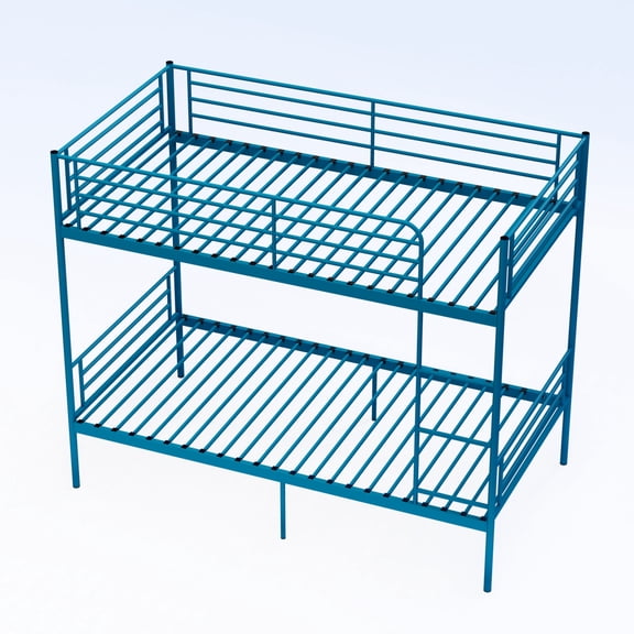 FENGFAN Blue Twin Over Twin Metal Bunk Bed Split Into 2 Single Beds High Guardrail Ladder Storage Space Single Pack