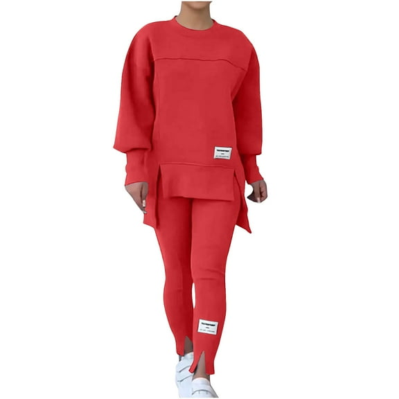 YUGYXL Women's 2 Piece Tracksuit Set Long Sleeve High-Low Slit Hem Sweatshirt and Jogger Pants Comfortable Casual Sweatsuit Red S