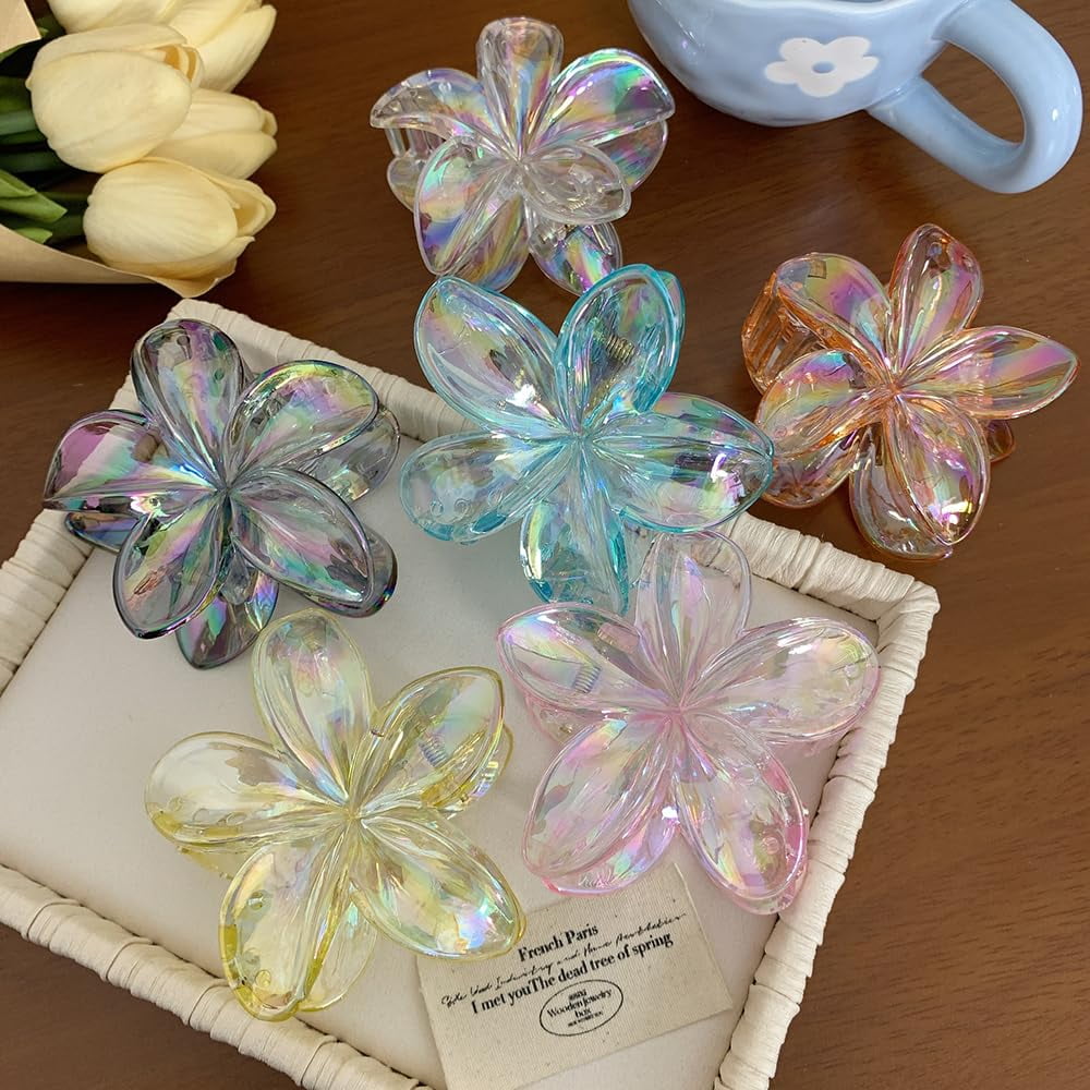 LinYooLi Hair Clip, 6PCS Colorful Clear Flower Claw Clips, Hawaiian Flower Hair Clips for Thick Hair, Beach Hair Accessories for Women and Girls