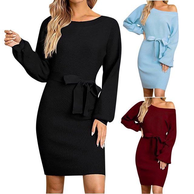 Gspmoly Robes Décontractées pour Femmes, Mode Femmes Robe Aguichant Décontractée Unie Robe à Manches Longues Robe Bandage Robes d'Été pour Femmes Articles en Liquidation