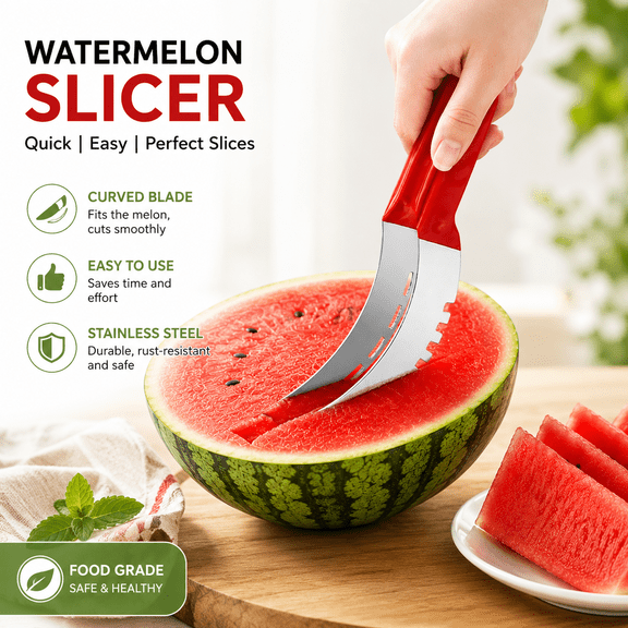Stainless Watermelon Cutter, Fruit Slicer Corer Dicer Multi-Functional Manual Slicing Tool Kitchen Fruit Prep Accessory Quick Easy Summer Fruit Server Fruit Tool Dicer Red
