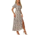 thumbnail image 4 of INSPIRE CHIC Women's Floral Patterned Smocked Square Neck Ruffle Swing Beach Boho Maxi Dress XS Beige Purple, 4 of 6