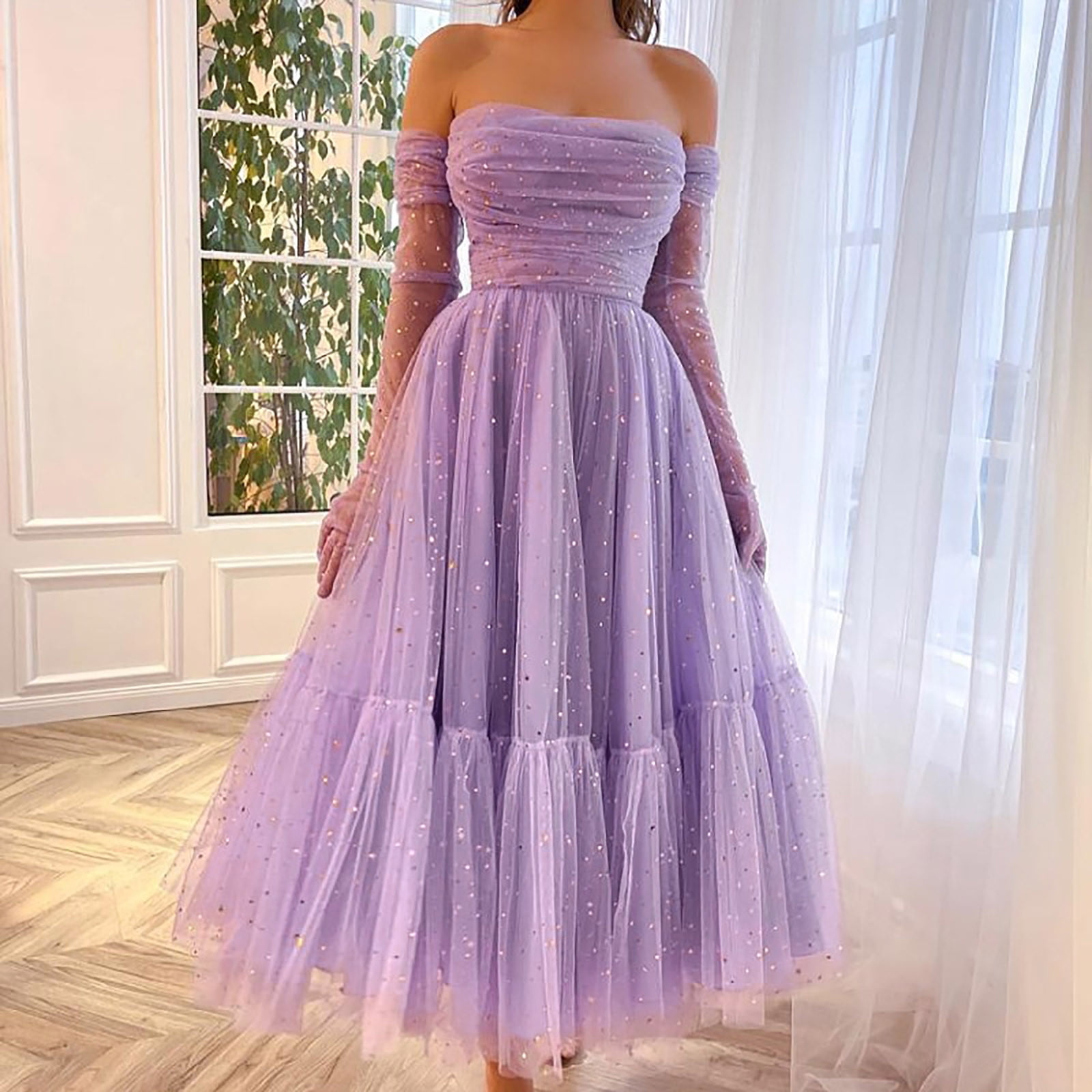 Tulle Dress for Women Formal Wedding Purple Sparkly Graduation Strapless  Tube Long Gown Evening Party Mesh Dress (Medium, Purple) 