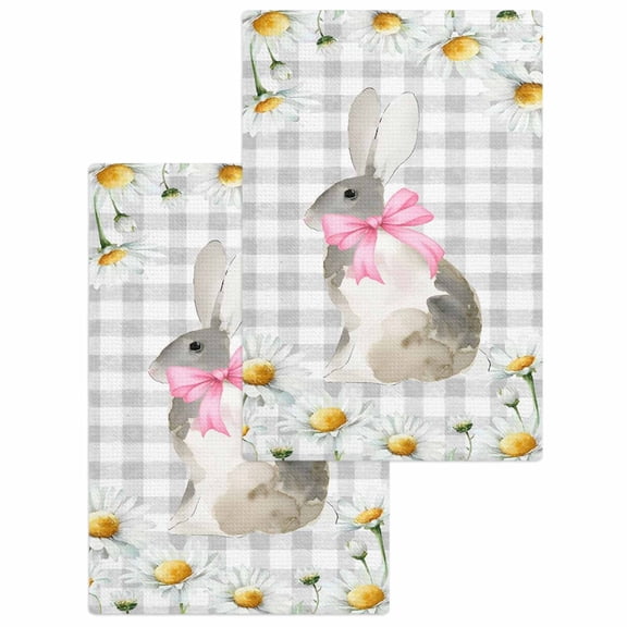 Blue Easter Bunny Kitchen Dish Towels for Drying Dishes Set of 2, Spring Daisy Modern Gray Buffalo Plaid Waffle Weave Microfiber Hand Tea Bathroom Towels Quick Dry & Absorbent Towel 15.7x23.6