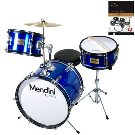 Mendini by Cecilio 16" 3-Piece Kids / Junior Drum Set with Adjustable Throne, Cymbal, Pedal, Drumsticks & Lesson Book, Metallic Blue, MJDS-3-BL