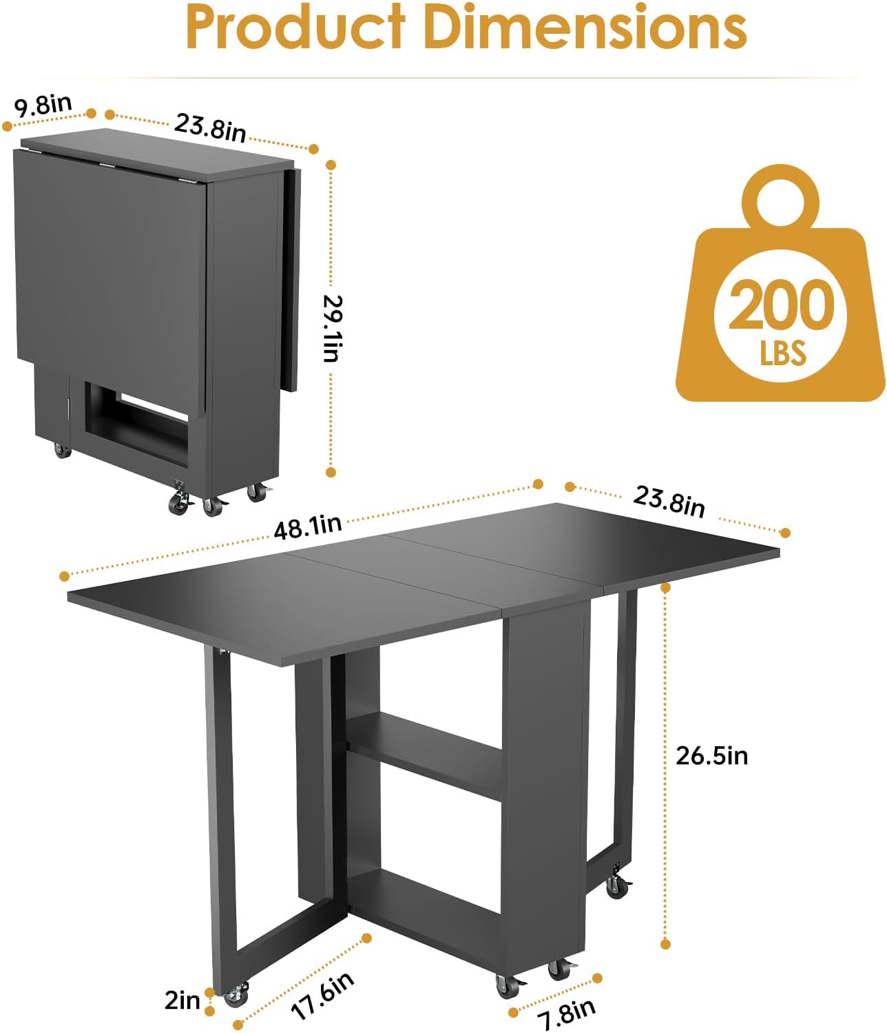 Kuublock Folding Dining Table with 2 Storage Racks, Space Saving Dining Table with 6 Wheels, Kitchen Table for Small Spaces