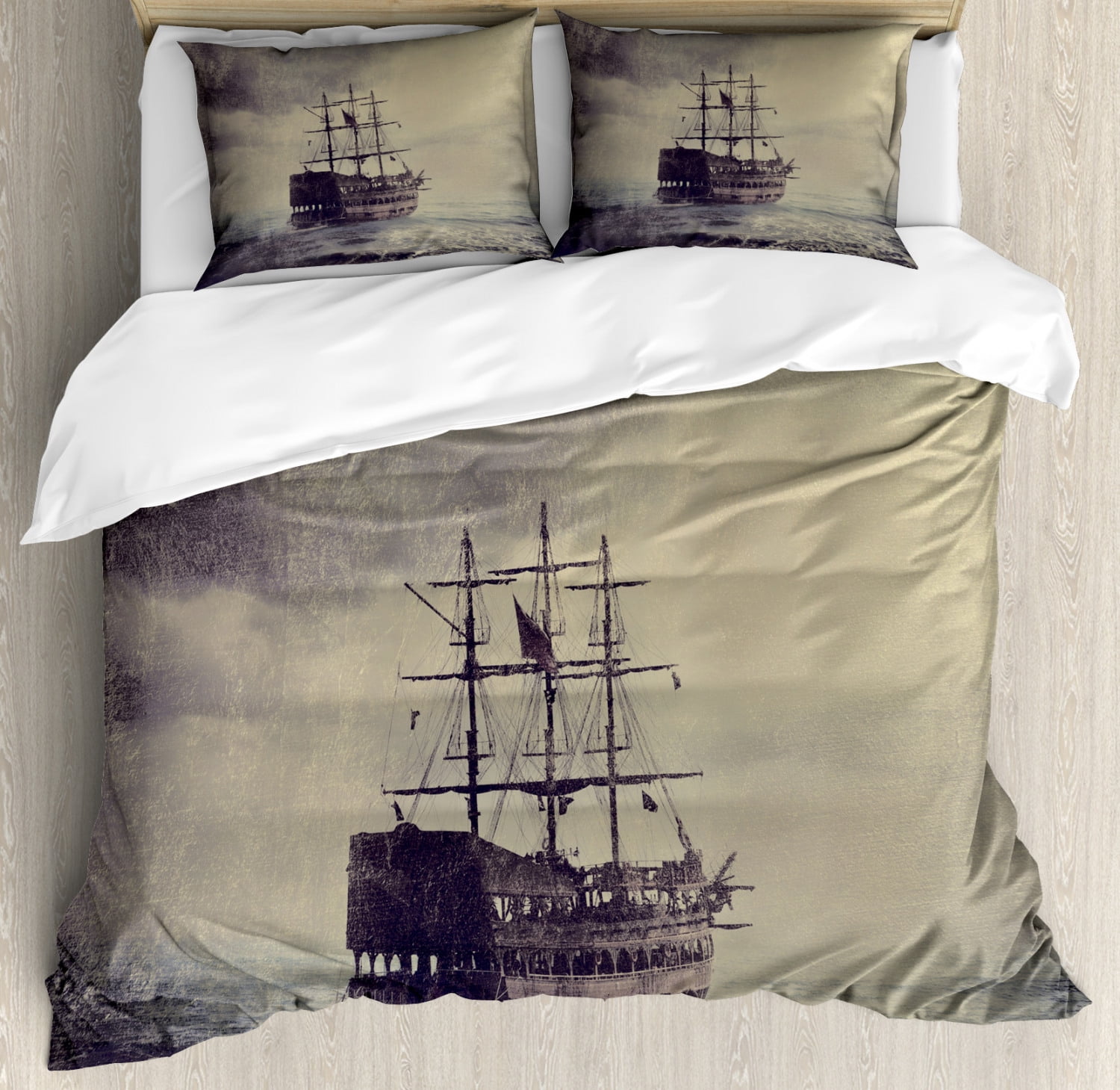 Old Pirate Ship in Sea Print Nautical Quilted Coverlet & Pillow Shams Set 