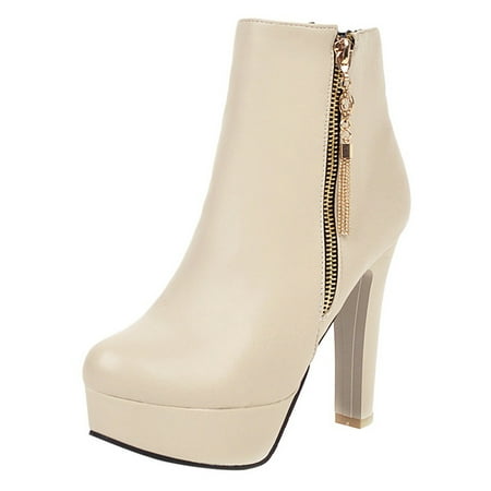 

KBKYBUYZ Women Side Zip Ankle Bare Boots Square Heel Platform Casual Middle Tube Booties