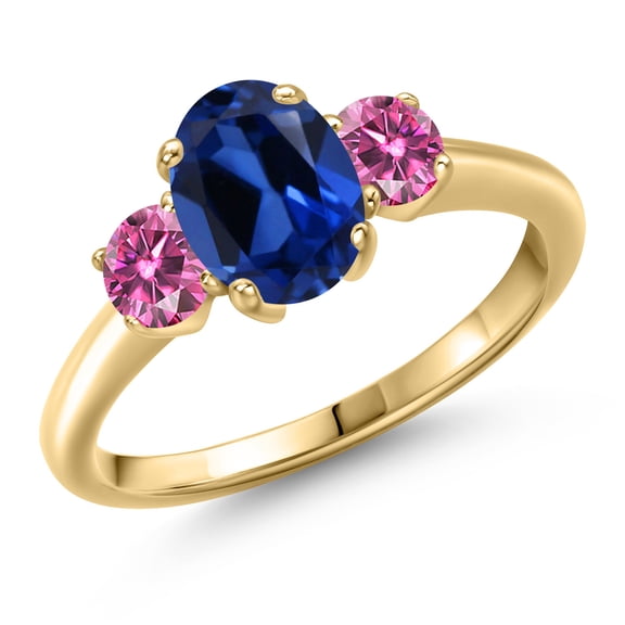 Gem Stone King 10K Yellow Gold Blue Created Sapphire and Pink Moissanite Engagement Ring for Women | 2.06 Cttw | Oval 8X6MM | Gemstone September Birthstone | Size 5