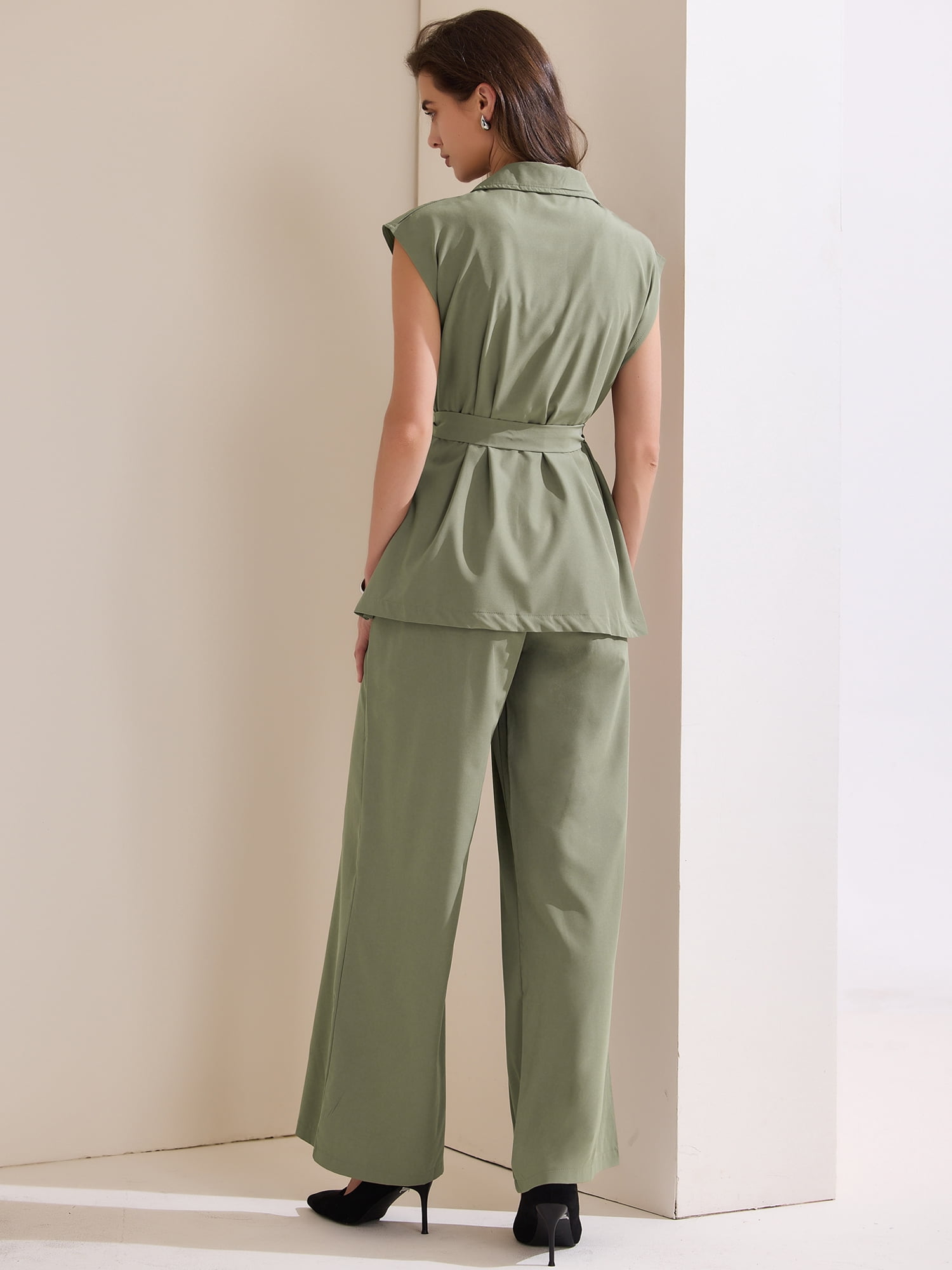 DARING DIVA Women's 2 Pcs Sleeveless Vest Wide Leg Pants L Army Green