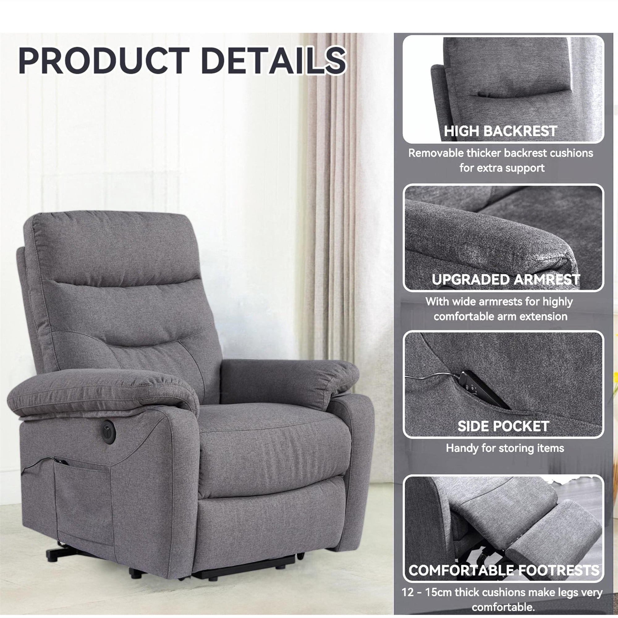 Aukfa Power Lift Recliner Chair with Massage&USB Port for Adult, 2 Side Pockets, Linen, Gray