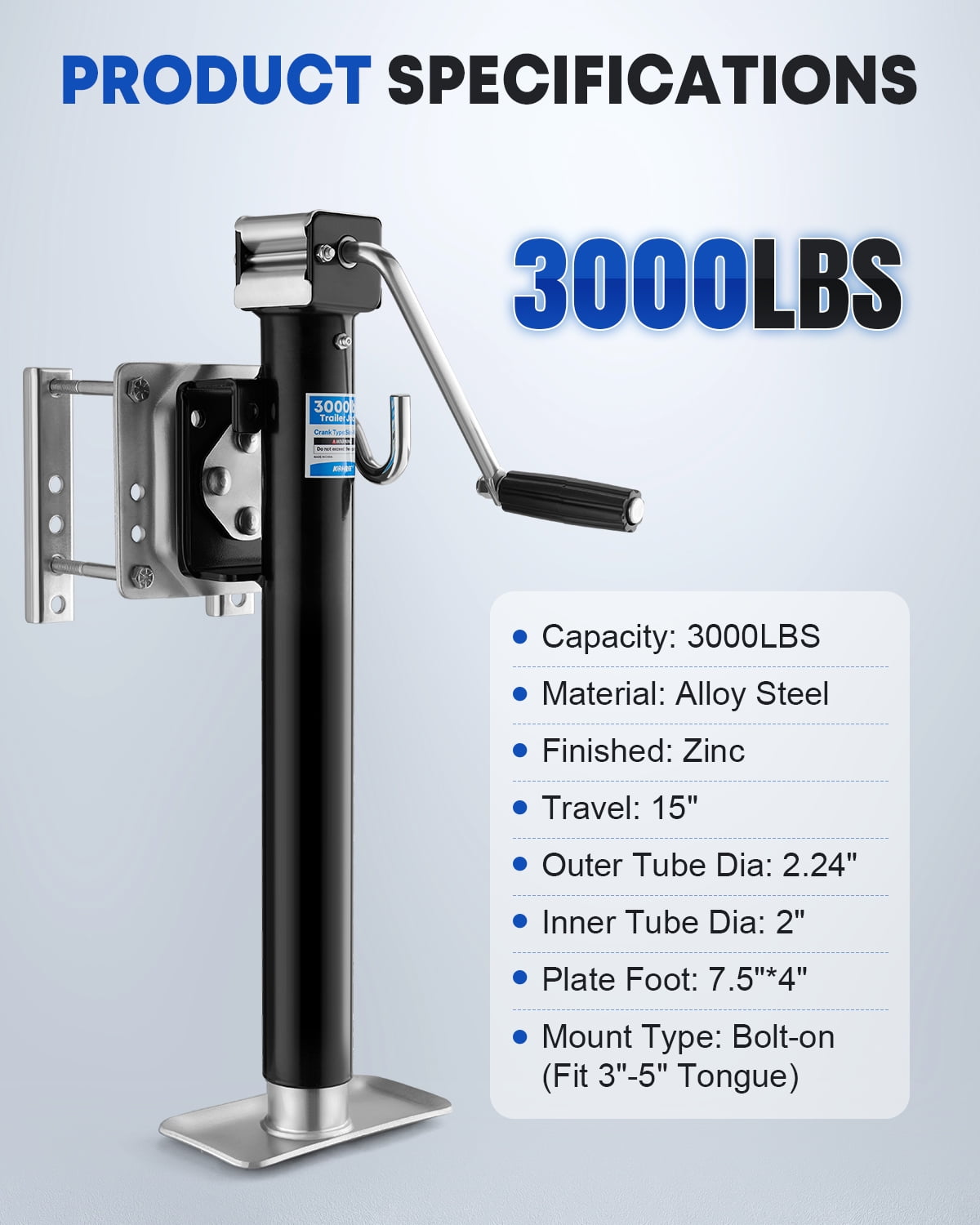 Kohree 3000lbs Trailer Jack,Heavy Duty Swivel Boat Trailer Jack with Ergonomic Handle,15-inch Vertical Travel for RV,Utility,Yacht Trailers-Black