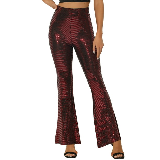 INSPIRE CHIC Pantalón de Mujer Lentejuelas Brillantes Stretch Acampanado Pantalones de Campana XL Rojo