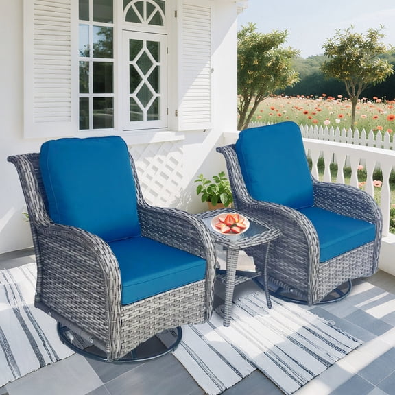 Patio Conversation Set, 3 Piece Wicker Outdoor Sectional with 2 Swivel Glider Rocker Chairs and 1 Side Table, Blue and Grey Waterproof Olefin Fabric Cushions for Garden and Backyard