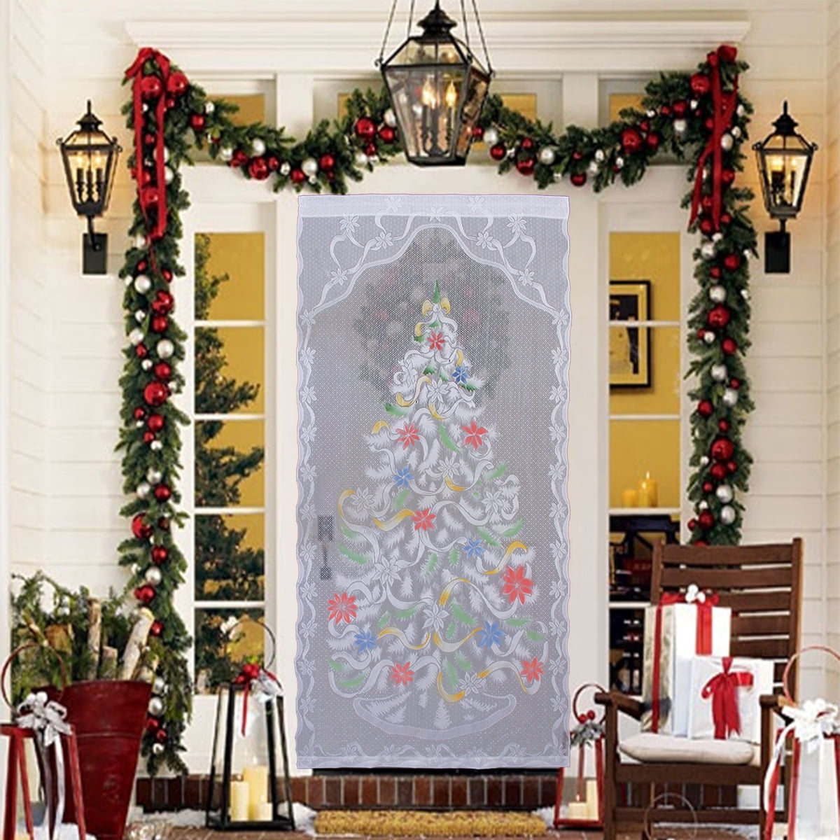 40"x84" White Lace Window Curtain Door Curtain with LED Lights For Home