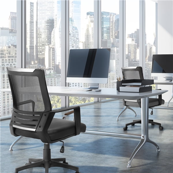 Yaheetech Set of 2 Swivel Office Chair with Leather Padded Seat and Armrests, Black