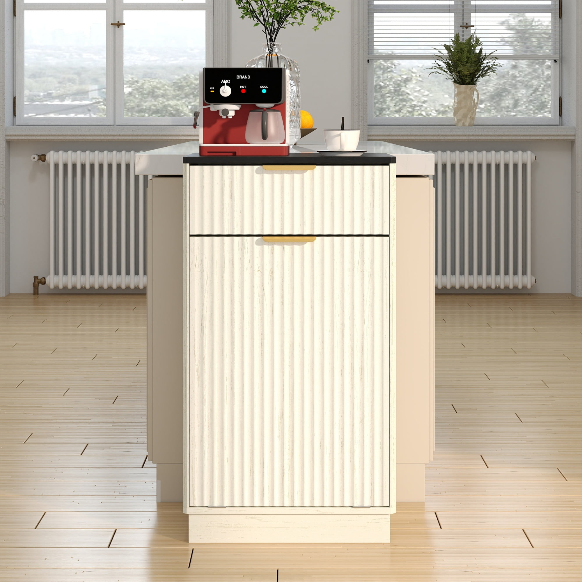 Jopath 10-Gallon Woodgrain Tilt-Out Trash Can Cabinet with Wave-Textured Drawer and Pull-Out Bin for Living room Bathroom Kitchen White