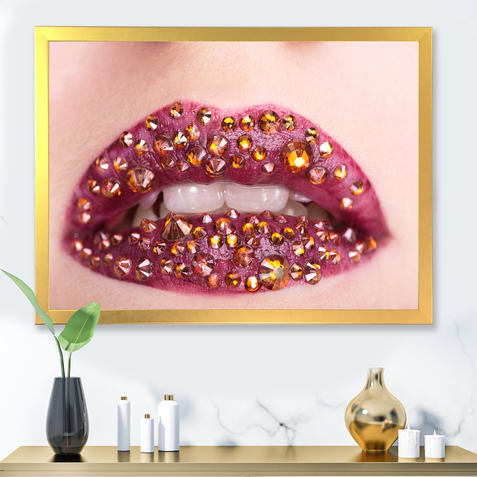 Designart 'Close-Up Of Girl Lips With Sequins' Modern Framed Art Print