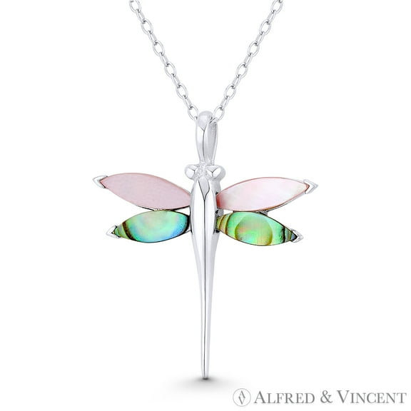 Dragonfly Insect Charm Mother-of-Pearl 28x25mm (1.1x1in) Pendant & Chain Necklace in .925 Sterling Silver w/ Rhodium