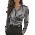 thumbnail image 2 of Women's French-Inspired Satin Blouse, Cross Front V Neck Slim Fit Long Sleeve Top, Elegant Work Office Shirt and Casual Date Night T-Shirt for Women Grey S, 2 of 4