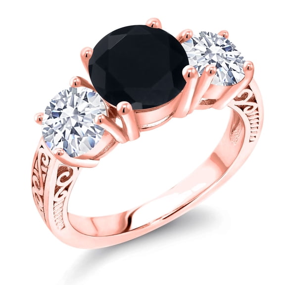 Gem Stone King 18K Rose Gold Plated Silver Black Onyx and White Zirconia Engagement Ring for Women | 4.65 Cttw | Round 8MM | Gemstone December Birthstone | Size 6