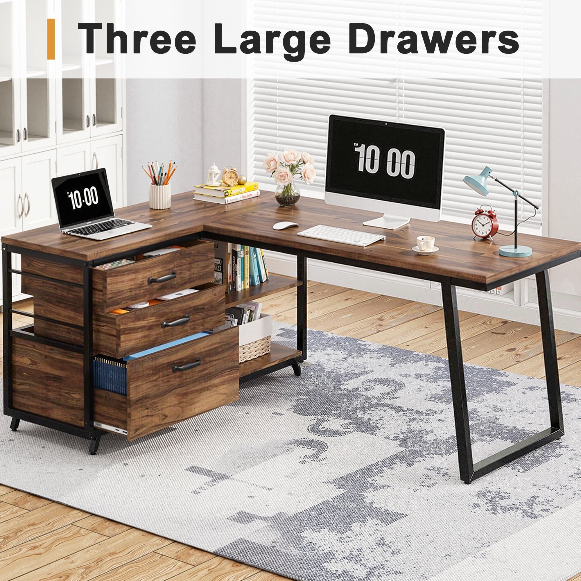 MAYEERTY 53" L-Shaped Desk with File Cabinet, Industrial Style, Easy Assembly