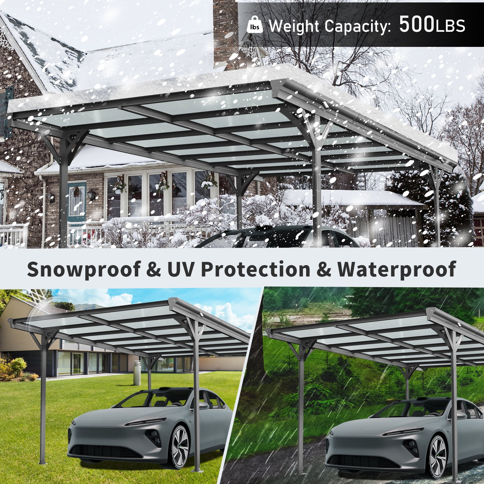CarButler 16x8x10ft Outdoor Metal Carport Heavy Duty Carport with Aluminum alloy frame and Polycarbonate Panels for Driveway Car, Truck