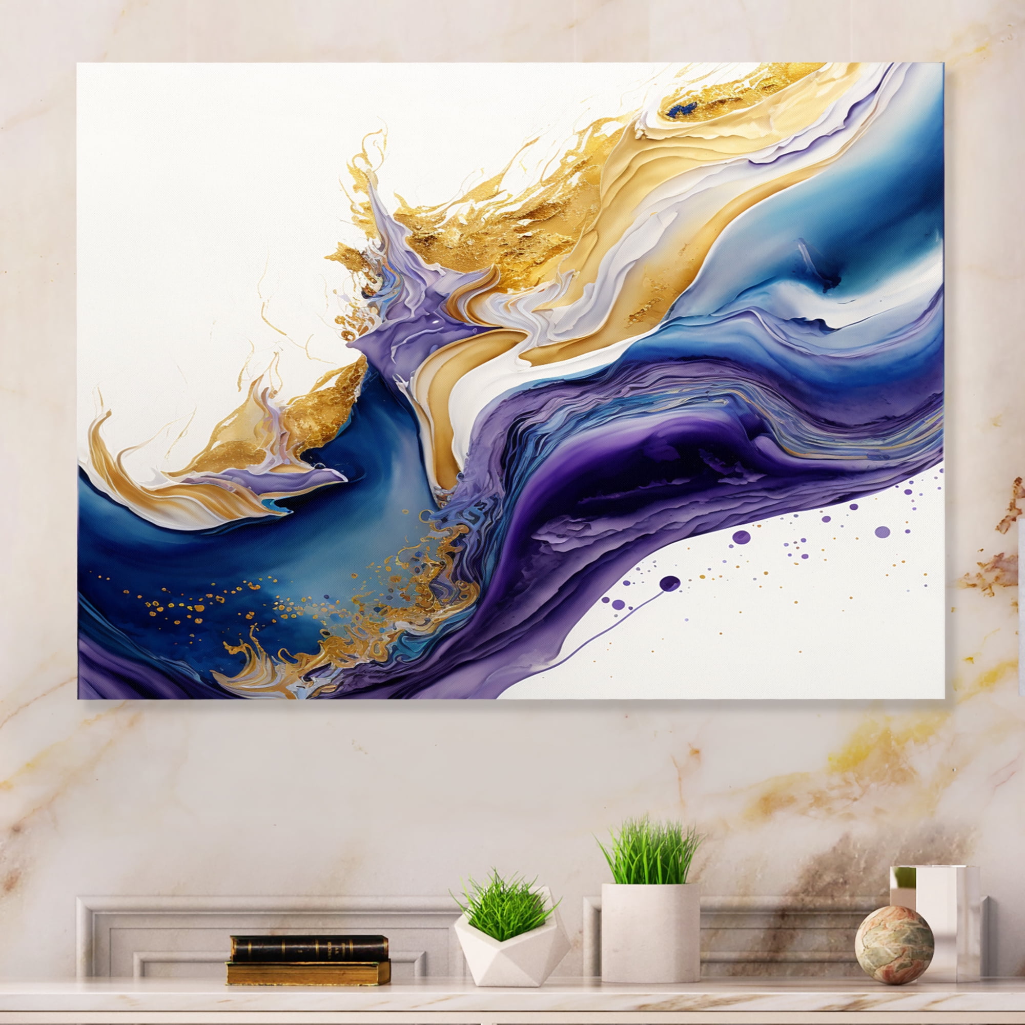 Designart Blue, Gold And Purple Splash Paint V Canvas Wall Art