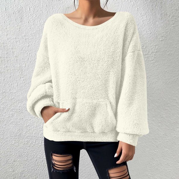 HongQid Women's Long Sleeves Crew Neck Fleece Pullover Sweatshirts with Pocket