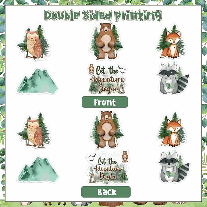 Woodland Baby Shower Decorations Boy Girl, 24pcs Let The Adventure Begin Centerpiece Table Decoration, Double-Sided Forest Animals Centerpieces Stick for Adventure Awaits Party Decorations