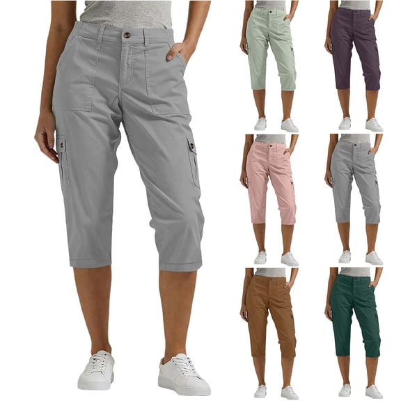 Antinious Ladies Solid Cargo Cropped Trousers Elastic Waist Functional Pockets Daily Style