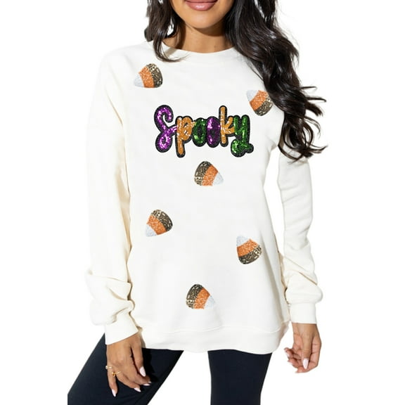 Women's White Sequin Spooky Halloween Spirit Print Casual Sweatshirt | [ZhiHiMeRi] | 2XL