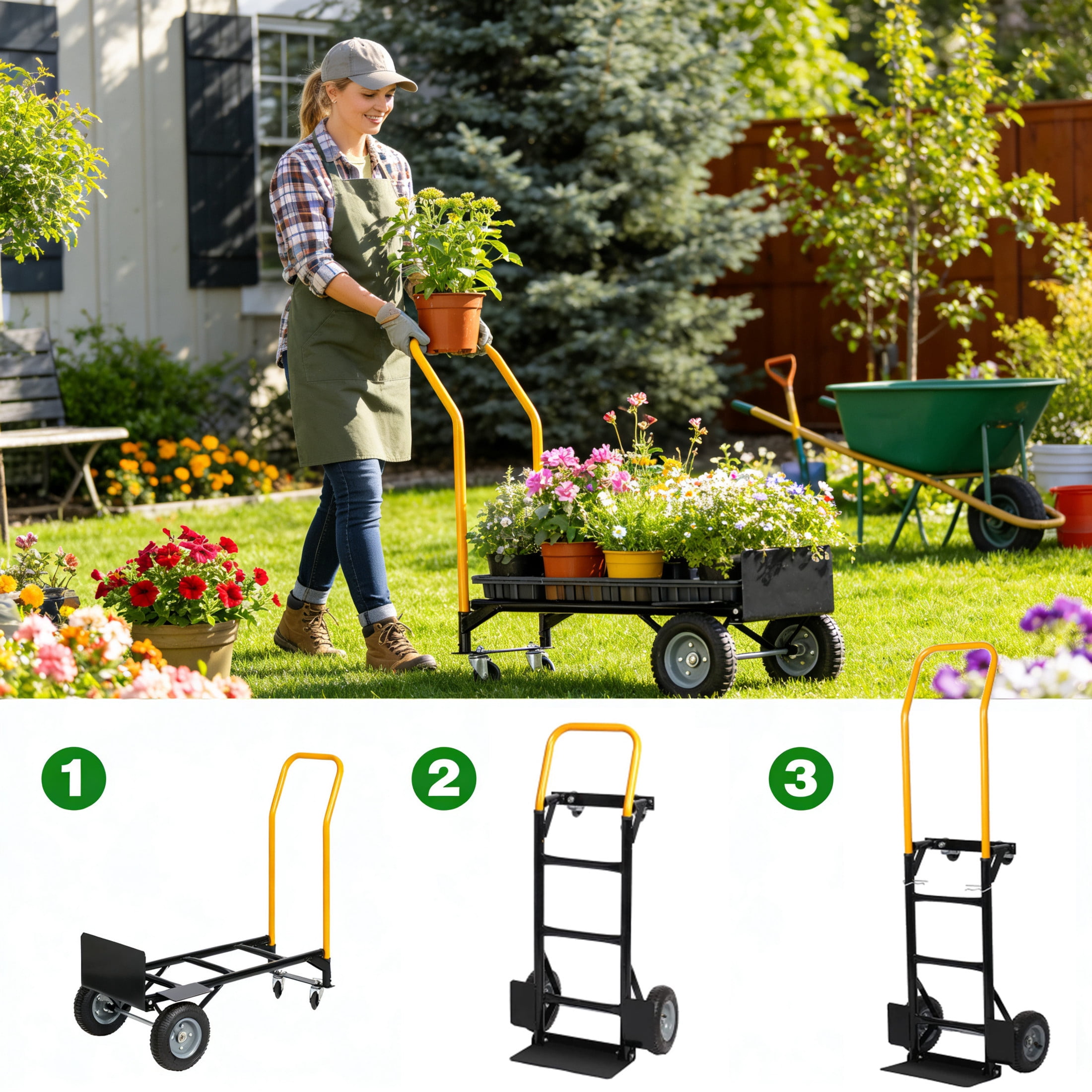 GDF Studio 2-in-1 Dual Purpose Hand Truck and 4-Wheel Platform Push Cart, Metal Heavy Duty Dolly Cart, Yellow & Black