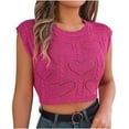thumbnail image 1 of AherBiu Crop Tops pour Femmes Été Tricoté Crochet Couleur Unie Col Rond Manches Courtes Coupe Ample Pulls Tees, 1 of 5