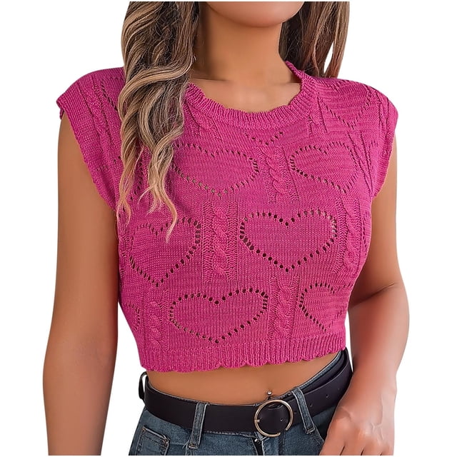 AherBiu Crop Tops pour Femmes Été Tricoté Crochet Couleur Unie Col Rond Manches Courtes Coupe Ample Pulls Tees