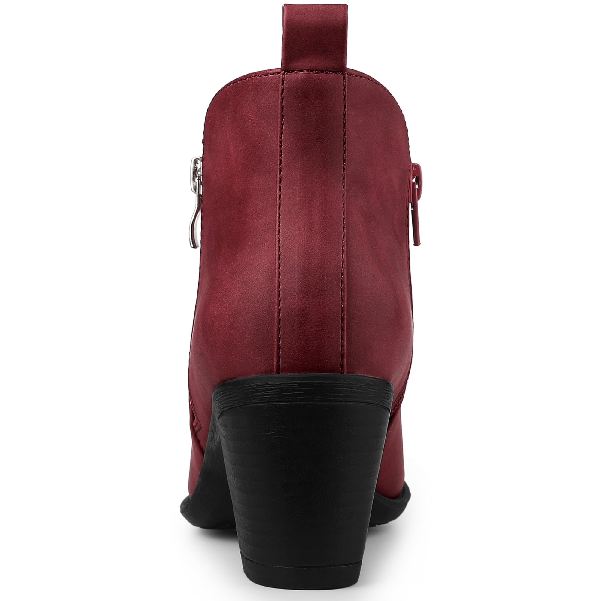 Unique Bargains Women's Low Chunky Heel Zipper Western Ankle Booties Maroon 7