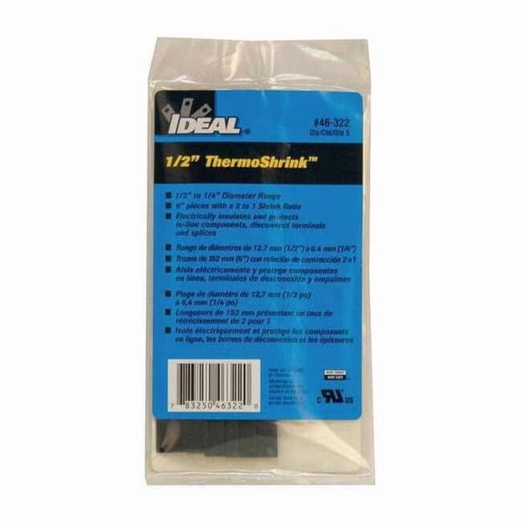 Ideal Shrink Tubing,6 in,Blk,0.539 in ID,PK5 46-322