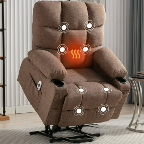 PAPROOS Lift Chairs for Elderly, Electric Massage Lift Recliner with Heating and Vibration Functions, Heavy Duty Fabric Lounge Sofa with Cup Holders, USB Port and Side Pockets, Brown