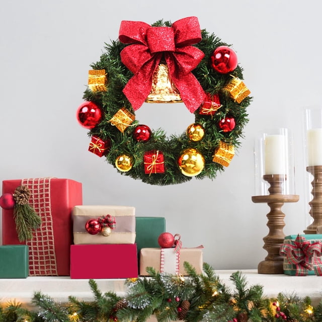 Adornos navideños, lazo navideño, corona de agujas de pino con paquete de regalo navideño, adornos de simulación, corona para puerta, ventana, chimenea, adornos para árbol de Navidad, aro colgante de