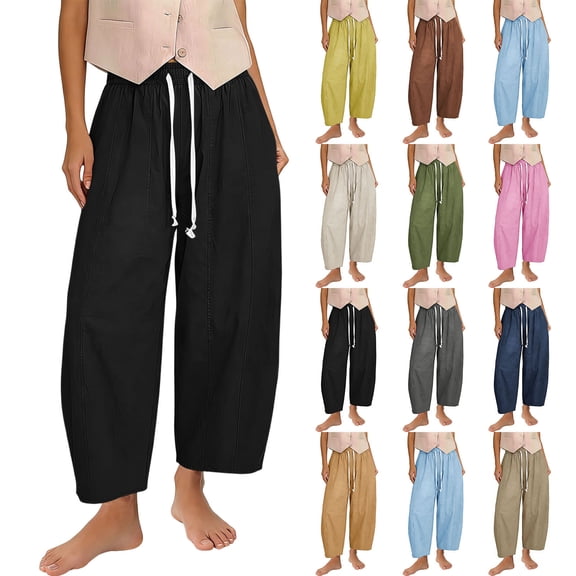 Wiyuqeen Womens Linen Barrel Pants Wide Leg Baggy Comfy Elastic Waist Lounge Palazzo Summer Lightweight Casual Balloon Trousers with Pocket
